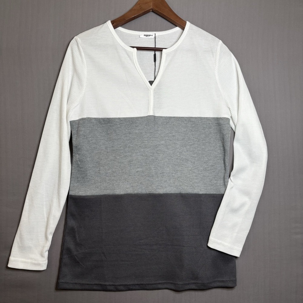 Womens Color Block Waffle Knit Tunic Top V-Neck Long Sleeve Charcoal Gray Medium